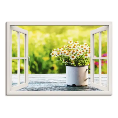 Artland Leinwandbild "Fensterblick Garten mit Gänseblümchen" Blumen 1 Stk. tlg. auf Holzrahmen gespannt