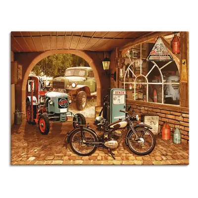 Artland Leinwandbild "Werkstatt mit Traktor und Motorrad" Traktoren 1 Stk. tlg. auf Holzrahmen gespannt