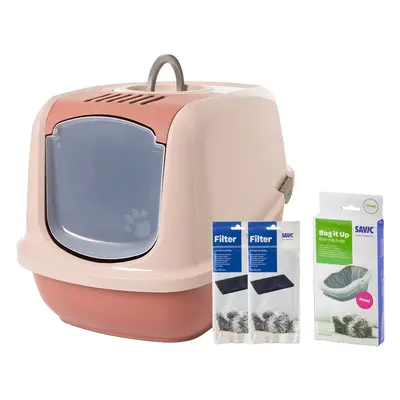 Savic Katzentoilette Nestor Jumbo - Toilette champagner rosa / toskana rot + 2 extra Filter + 6 Bag it up