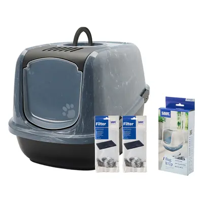 Savic Katzentoilette Nestor Jumbo Marble - Starterset: Toilette marmor anthrazit-weiss/ schwarz + 2 extra Filter + 6 Bag it up