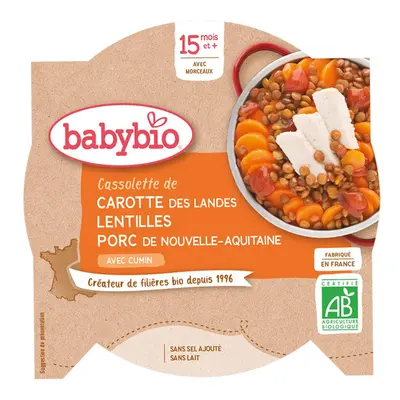 Babybio Cassolette DE Carotte DES Landes Lentilles Porc DE Nouvelle-Aquitaine AU Cumin dès 15 mo