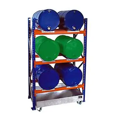 Fassregal BAUER 3002, Grundregal, Auffangwanne 200 l, 3 Ebenen, B 1510 x T 800 x H 2500 mm