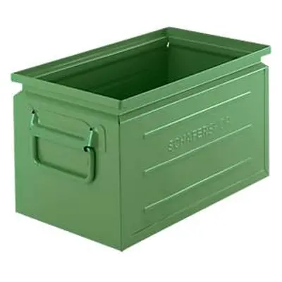 Schäfer Shop Select Stapelbox, Volumen 13,4 l, 80 kg, Faltgriffe, L 379 x B 207 x H 200 mm, Stahlblech, grün RAL 6011