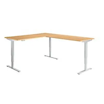 Winkelschreibtisch AERO FLEX, elektrisch höhenverstellbar, 90° Winkel, T-Fuss, B 2000 x T 2400 mm, Buche/weissalu + Memorypanel