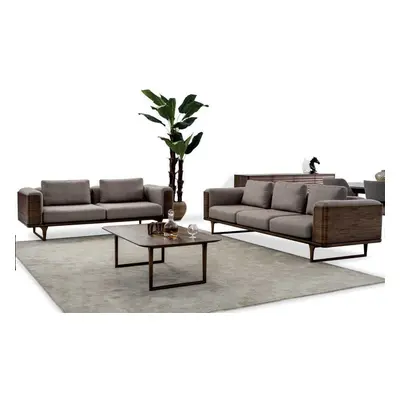Designen Wohnzimmer Set 2x Sofas mit Couchtisch Luxus Holz mit Textil